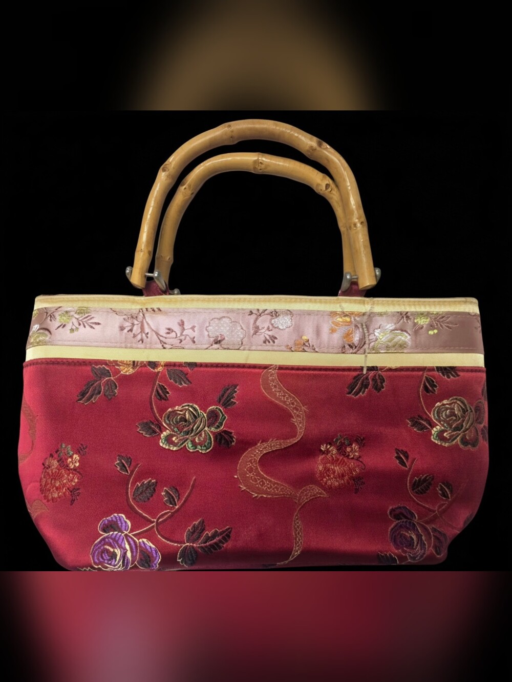 Wine/PInk Floral Embroidered Asian Inspired Top Faux Bamboo Handle Purse Lined